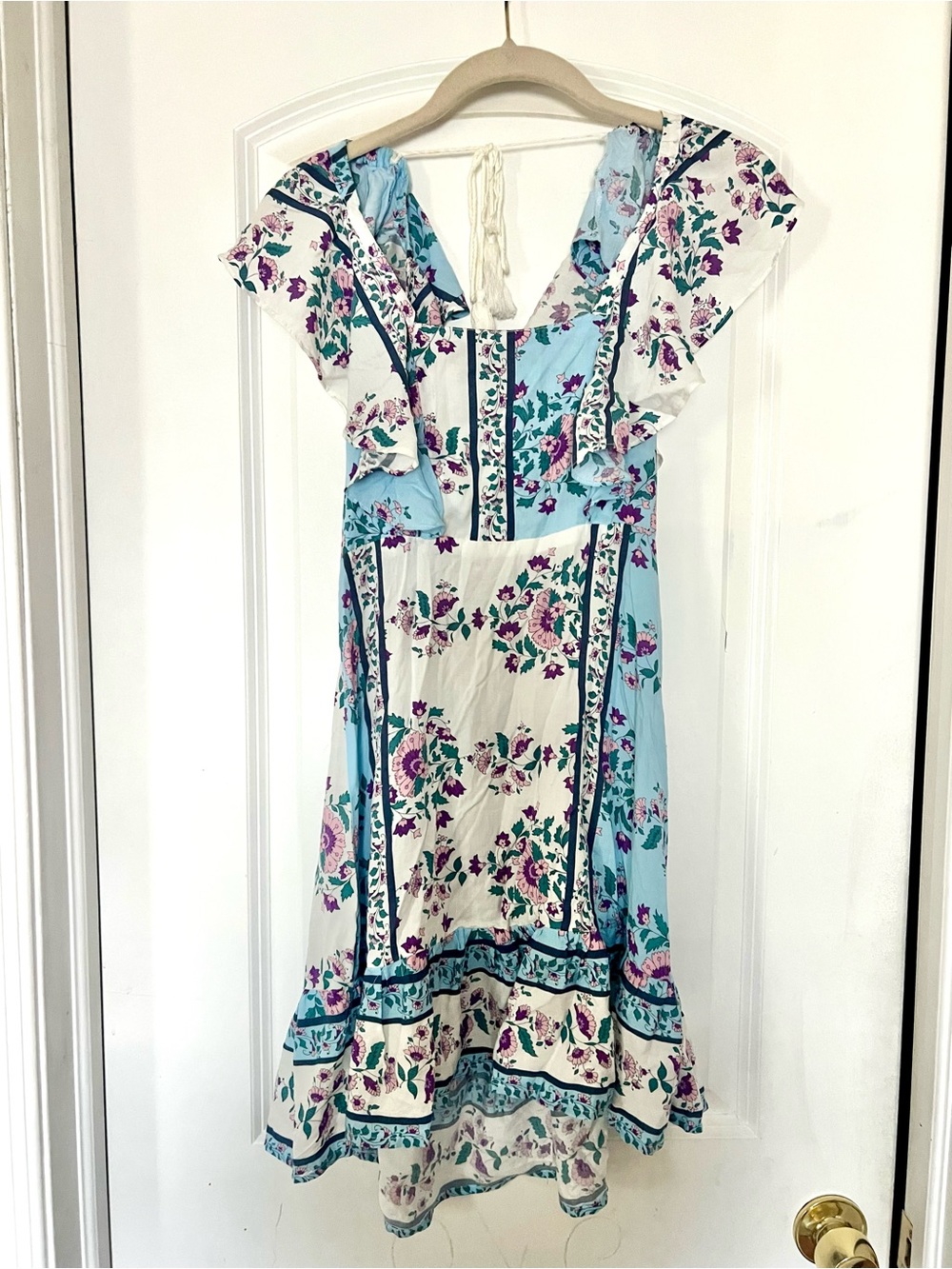 Light Blue & Cream Floral Ruffle Midi Dress